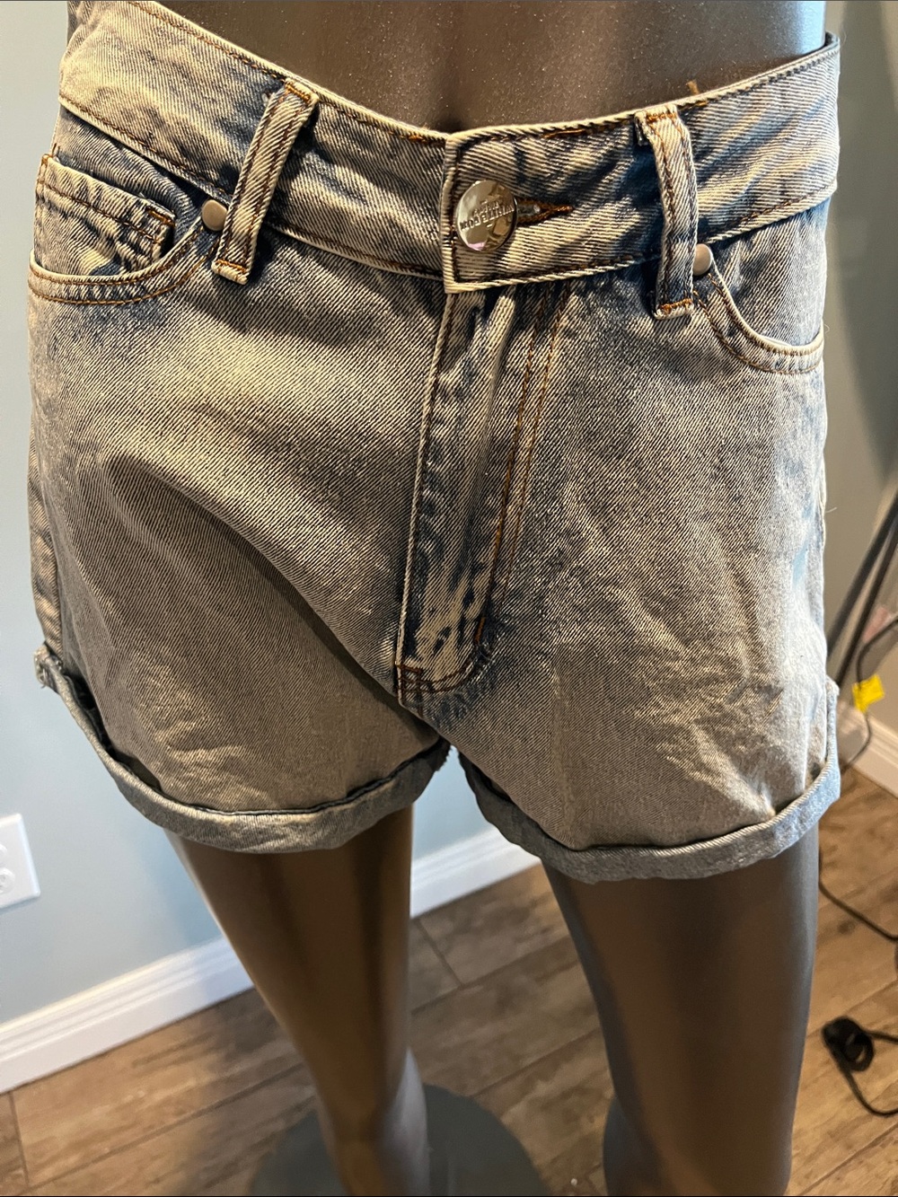 White Fox Boutique Washed Gray High-Rise Denim Roll Cuff Shorts